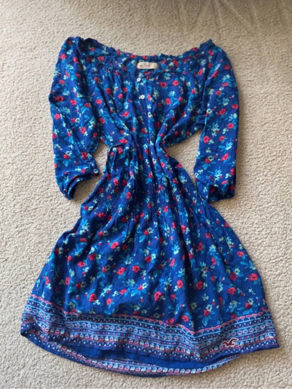 Vintage Hollister Royal Blue Floral Midi Dress with Red & Teal Flowers 2000s y2k